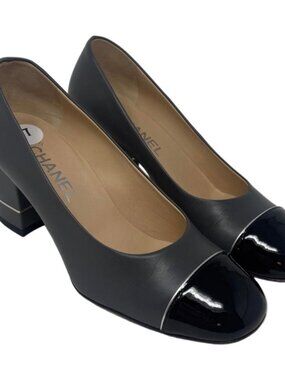 CHANEL Grey Spectator Pumps with Black Patent Leather Toe Cap - Sz 37